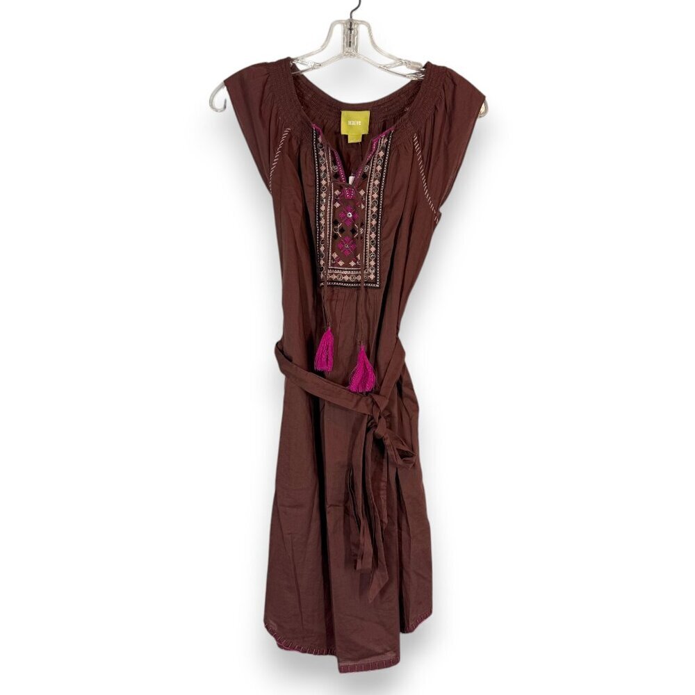 Anthropologie Brown Mini Dress with Magenta Embroidery
